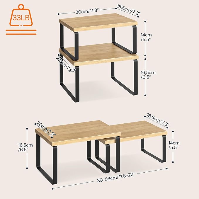 HOOBRO Spice Rack Set of 2, Kitchen Counter Organizer, Kitchen Storage, Cabinet Organizer Shelf, Nest, Stackable, Side-by-Side & L-Shape for Cabinet, Kitchen,Bathroom, Natural and Black BN33TL01