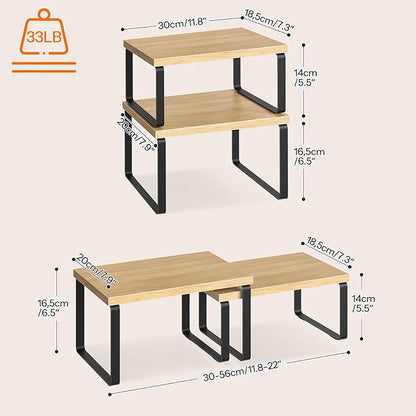 HOOBRO Spice Rack Set of 2, Kitchen Counter Organizer, Kitchen Storage, Cabinet Organizer Shelf, Nest, Stackable, Side-by-Side & L-Shape for Cabinet, Kitchen,Bathroom, Natural and Black BN33TL01