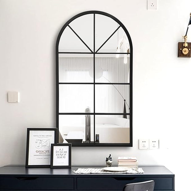 OGCAU Arched Wall Mounted Mirror, 24"x42" Farmhouse Window Mirror with Iron Frame, Wall Decor for Bedroom, Entryway, Living Room (Black)