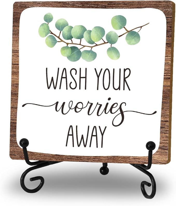 Bathroom Decor, Wash Your Worries Away Wooden Sign With Stand, Funny Bathroom Laundry Room Decor, Restroom Guest Washroom Decoration, Funny Toilet Washroom Plaque Sign Decor, Gifts for Family Friend
