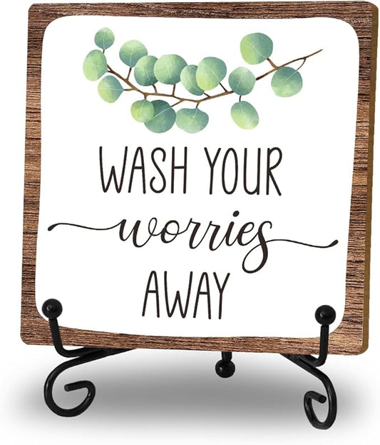 Bathroom Decor, Wash Your Worries Away Wooden Sign With Stand, Funny Bathroom Laundry Room Decor, Restroom Guest Washroom Decoration, Funny Toilet Washroom Plaque Sign Decor, Gifts for Family Friend