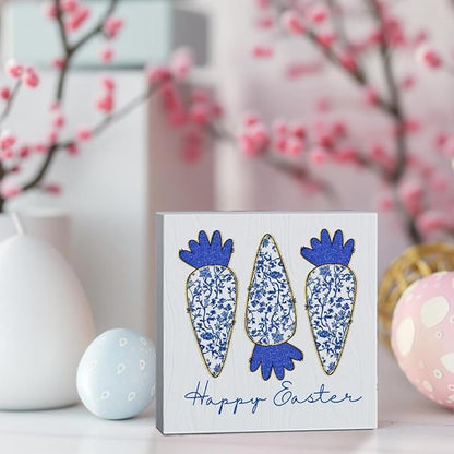 Happy Easter Sign Easter Table Decor Carrot Decor Blue And White Chinoiserie Decor Wooden Box Sign for Home Office Bedroom Living Room Desk Shelves