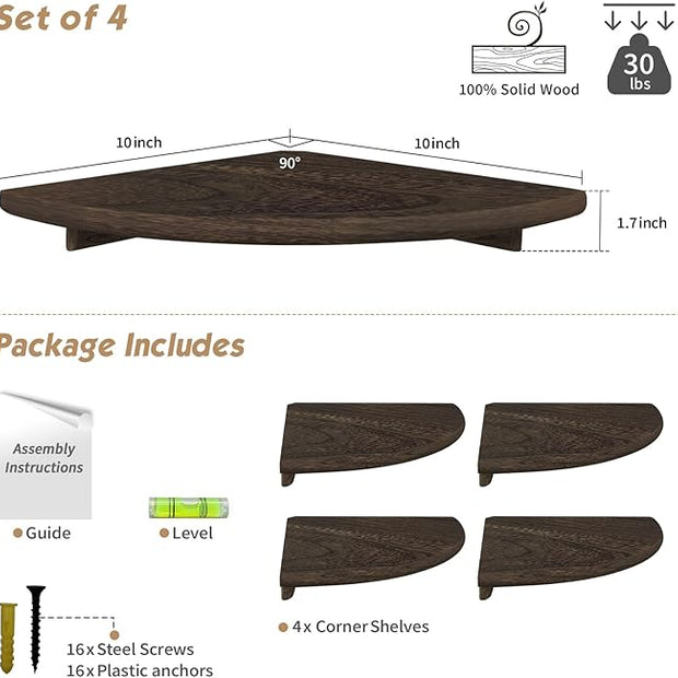 Forbena Floating Corner Shelves for Wall Set of 4, Small Corner Bookshelf for Bedroom Books, Round Wooden Corner Shelf Wall Mount for Bathroom Plants, Kitchen, Living Room Decor (Dark Brown)