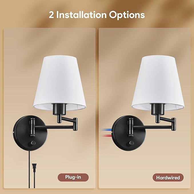 VONLUCE Modern Swing Arm Wall Mount Light Plug in, Corded Wall Lamps with White Fabric Shade, Black Metal Adjustable Wall Sconce, Wall Mount Lamp for Bedroom, Living Room, Bedside