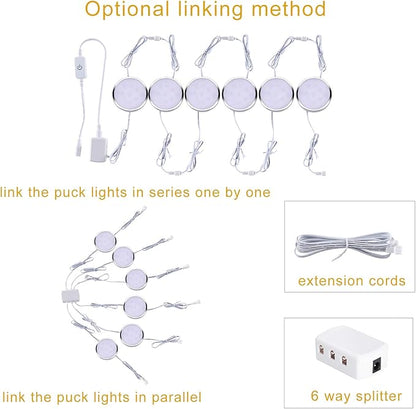 LED Under Cabinet Lighting Kit,6 Pack Linkable Puck Lights with Touch Dimmer,Wired Plug in Under Counter Lighting for Curio Bar, Kitchen, Cupboard,Bookcase,Closet Furniture (2700K Warmwhite)