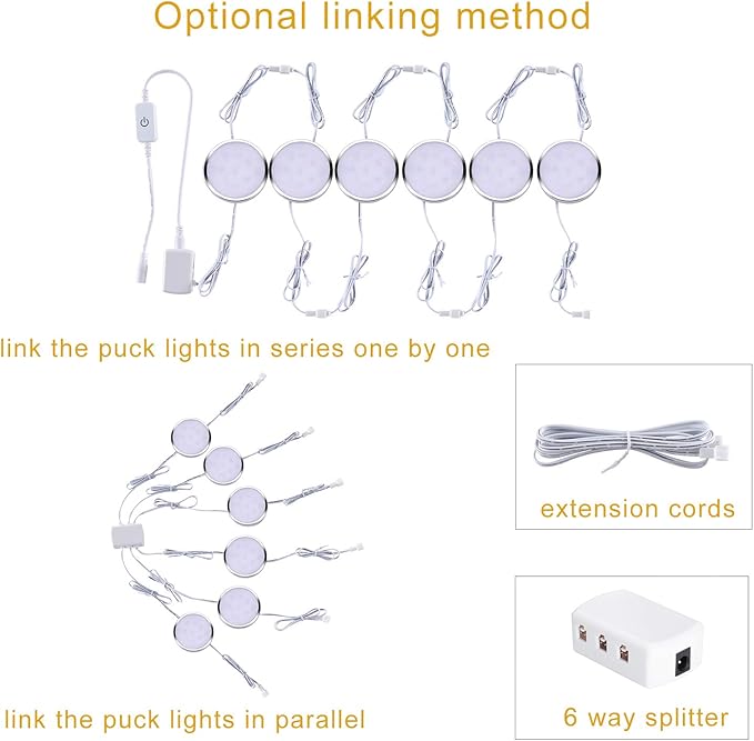 LED Under Cabinet Lighting Kit,6 Pack Linkable Puck Lights with Touch Dimmer,Wired Plug in Under Counter Lighting for Curio Bar, Kitchen, Cupboard,Bookcase,Closet Furniture (6000K Daywhite)