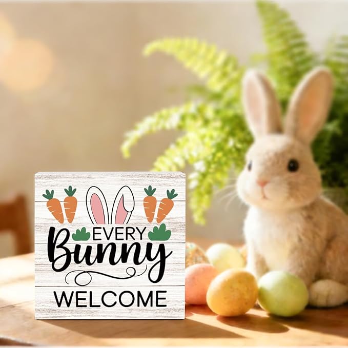 Easter Bunny Sign Decor Spring Easter Bunny Carrot Table Decorations Decor Indoor for Home Office Desk Table Shelf Tiered Tray Every Bunnys Welcome Wooden Sign 5 X 5 Inch