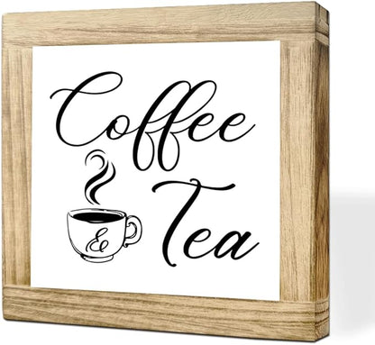 Coffee And Tea Wooden Decor Sign Farmhouse Style Cafe Sign Rustic Handmade Wood Plaque For Kitchen Bar Office Decor Natural Wood Coffees Decoration Gift For Coffee & Tea Lover 5.9x5.9 Inches