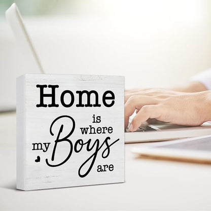 New Mom Gifts Rustic Family Decor Home Is Where My Boys Are Wooden Sign Family Decorations for Home Living Room Bedroom Desk Shelf Table 5 x 5 Inches