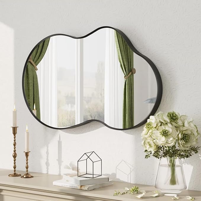20x32 Black Irregular Wall Mirror, Black Asymmetrical Mirror with Aluminum Alloy Frame for Bathroom Bedroom Entryway, Shatterproof, Anti-Rust(Horizontally/Vertically)