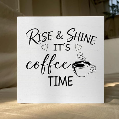 Farmhouse Coffee Bar Sign 5x5 Inch - "RISE & SHINE IT'S COFFEE TIME" Rustic Coffee Bar Decor, Farmhouse Style Shelf/Tabletop Decoration for Kitchen Café