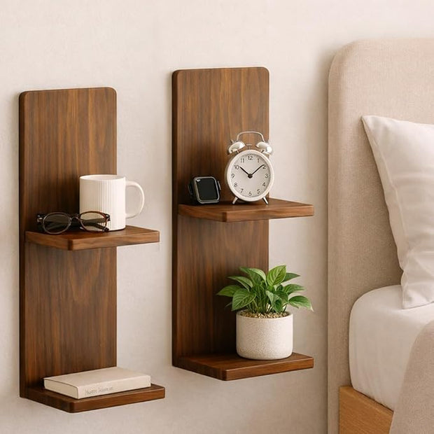 2-Tier Walnut Floating Wall Shelf of 2, 20x8x6 Wall-Mounted Wooden Beside Shelf/Nightstand for Home Décor, Plants, Cosmetics, Bathroom, Kitchen, Bedroom Storage
