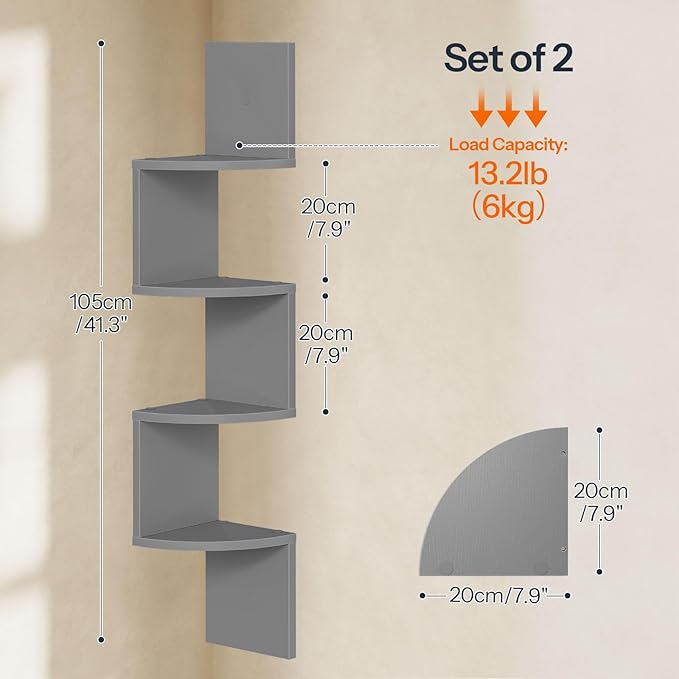 HOOBRO Corner Shelf Wall-Mounted, Set of 2 Floating Corner Shelves, 4-Tier Bookshelves for Wall Decor in Living Room, Bedroom, Home Office, Dove Gray GY25BJP201