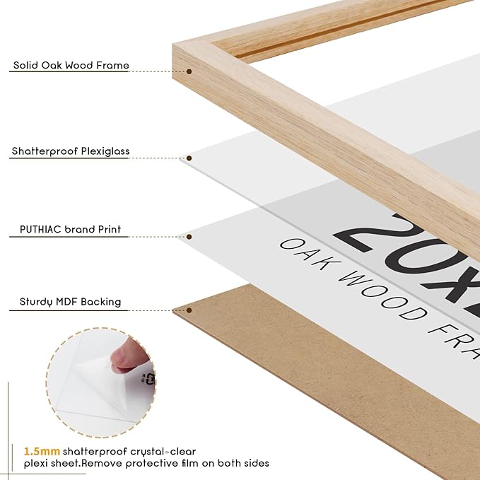 puthiac 20x24 Solid Oak Wood Picture Frame, No Mat, Wall Display Only, Vertical or Horizontal, Plexi Front, 1 Pack, Natural Oak