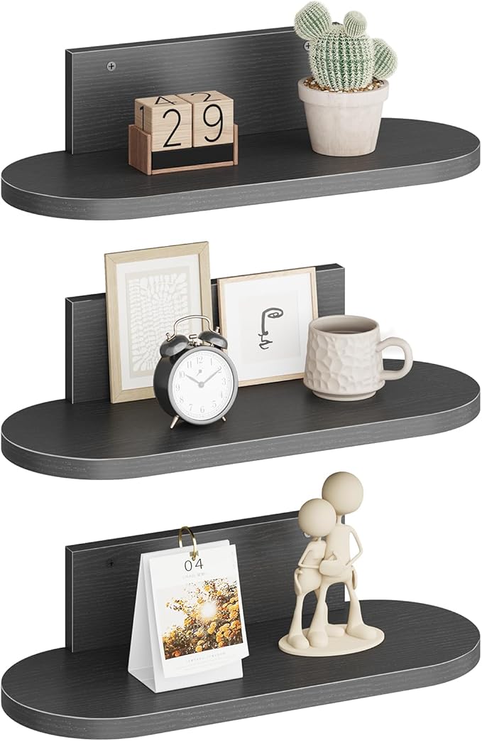 Wooden Floating Shelves for Wall, Floating Shelf for Bedroom Kitchen Decor, Wall Mounted Rustic Farmhouse Wood Shelf for Books, Plants, Set of 3 (Black, S (Round))