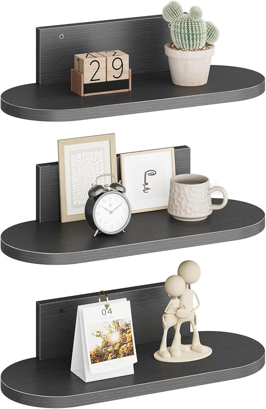 Wooden Floating Shelves for Wall, Floating Shelf for Bedroom Kitchen Decor, Wall Mounted Rustic Farmhouse Wood Shelf for Books, Plants, Set of 3 (Black, S (Round))
