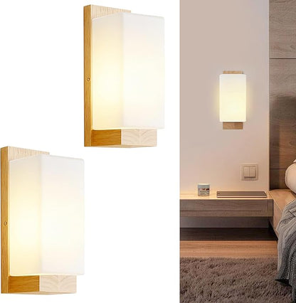 Modern Farmhouse Wall sconces 2-Piece Set Small Wood sconces White Frosted Textured Glass Wall Light Indoor Farmhouse Wall lamp for Bedroom Living Room and Hallway with E26 Base