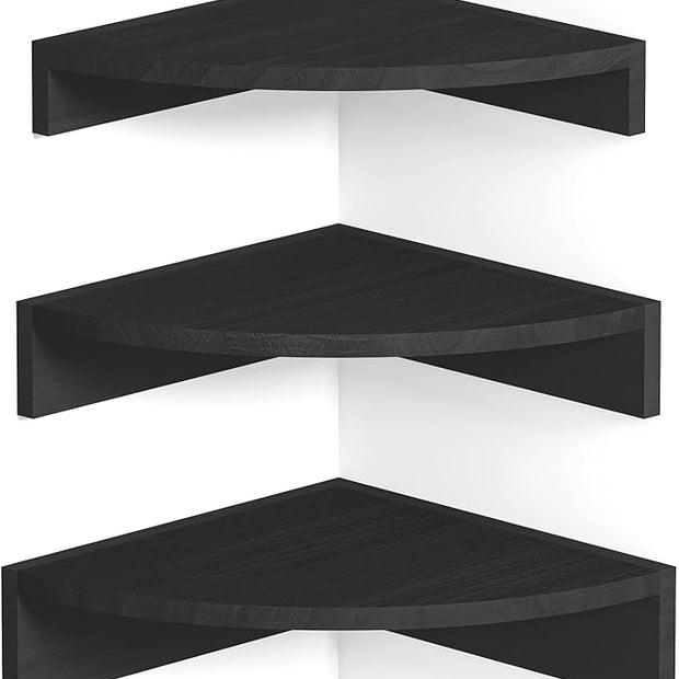 Alsonerbay Black Corner Shelf Wall Mount, Set of 3 Floating Shelves for Wall Storage and Display, Rustic Wood Shelves for Bedroom, Living Room, Bathroom, Entryway, Garage
