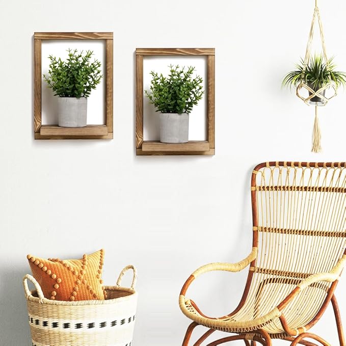 2 Pack Wooden Framed Shelves with Fake Plants for Home Wall Decor, Modern Farmhouse Wood Wall Art for Living Room, Bedroom, Bathroom