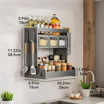 Kitchen Seasoning Shelf Spice Rack Wall Mount with Hooks and Utensil Holder Hanging Seasoning Box Shelf Seasoning Jar Organizer for Sugar Salt Pepper Oil Bottle (3 Boxes)