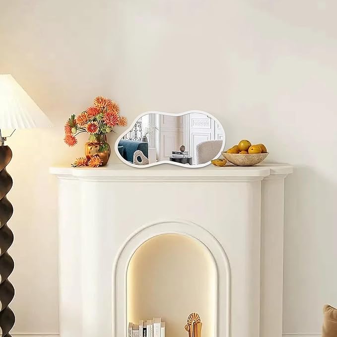 AAZZKANG Small Wall Mirror with Irregular Wood Framed Decorative White Mirrors for Bedroom Dressing Room Living Room Bathroom Entryway