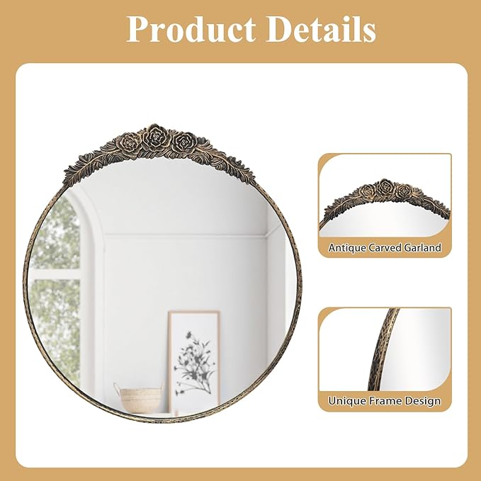 Growsun Round Wall Mirror with Vintage Black Floral Frame – 28 Inch Decorative Wall Mirror for Living Room, Bedroom, Entryway, Bathroom Vanity – Elegant Antique Accent Home Décor