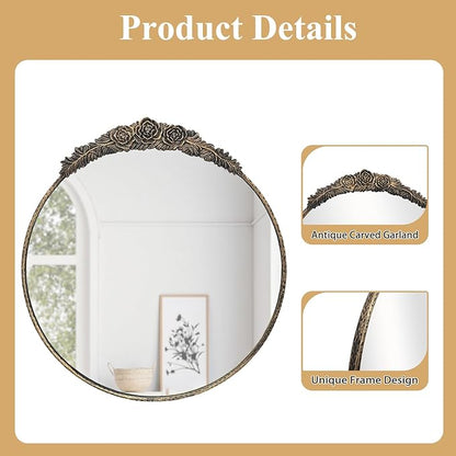 Growsun Round Wall Mirror with Vintage Black Floral Frame – 24 Inch Decorative Wall Mirror for Living Room, Bedroom, Entryway, Bathroom Vanity – Elegant Antique Accent Home Décor