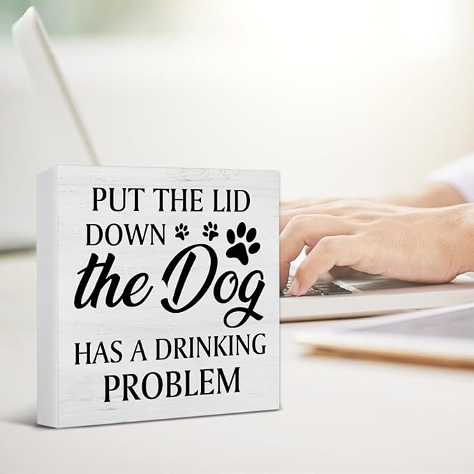 Funny Bathroom Signs Dog Bathroom Decor Rustic Put the Lid Down the Dog Has a Drinking Problem Wooden Sign Home Bathroom Restroom Toilet Table Desk Shelf Decorations 5×5 Inches