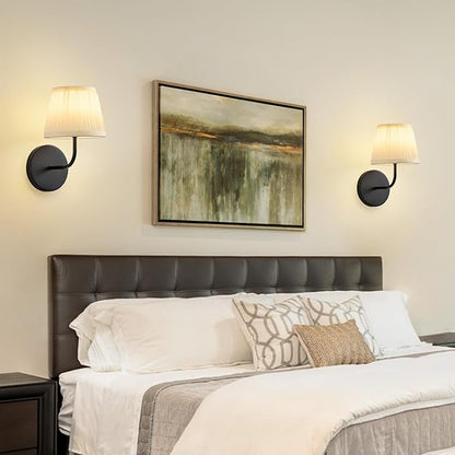 Rechargeable Wall Sconces Set of 2 - Vintage Black Cordless Battery Operated Fabric Sconce - Wireless Dimmable Led Bulb Wall Lights With Remote for Bedroom Bedside Living Room Stairway Hallway Porch