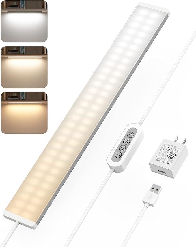 ASOKO Under Desk Light, 16Inch Dimmable LED Under Cabinet Lighting, USB Plug in Cabinet Light for Kitchen/Shelf/Workbench/Cupboard, 3000K/4000K/6000K