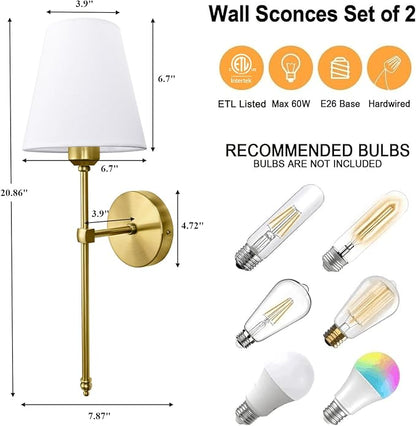 Bsmathom Wall Sconces Sets of 2, Hardwired Classic Brushed Brass Sconces Wall Lighting, Bathroom Vanity Light Fixture with Fabric Shade for Bedroom Living Room Hallway Kitchen, Bright Gold