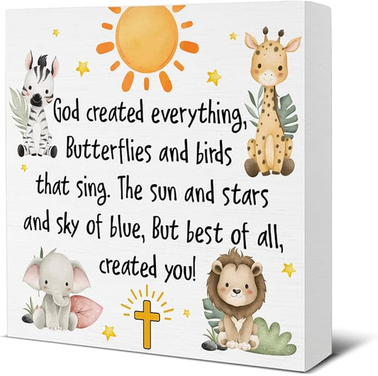 Baptism Gifts for Boy Girl - Christening Gifts for Girls Boys - Nursery Decor - God Crearted Everything Wood Sign Home Nursery Desk Table Shelf Baptism Decorations 5×5 Inches