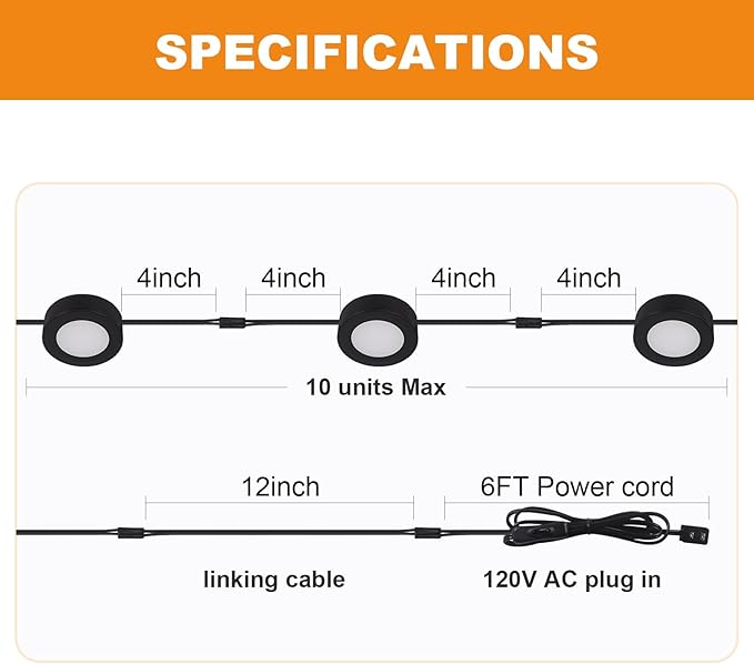 LUMILAND Wired LED Puck Lights 120V (2.7Wx5) Plug-in Lighting Warm White, LED Cabinet Light for Kitchen Can Be Surface Mount or Recess Mount, Black