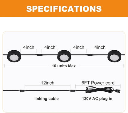 LUMILAND Wired LED Puck Lights 120V (2.7Wx3) Plug-in Lighting Warm White, LED Cabinet Light for Kitchen Can Be Surface Mount or Recess Mount, Black