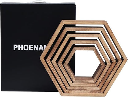 PHOENANCEE Hexagon Floating Shelves,Honeycomb Shelf Set of 5,Octagon Shelves Wall Mounted Hanging Storage Cube Wood for Bathroom Kitchen Bedroom Living Room Office Home