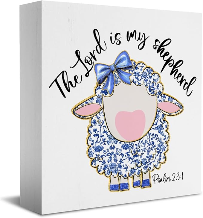 Easter Religious Decorations Christian Easter Decor The Lord Is My Shepherd Blue And White Decor Chinoiserie Wooden Box Sign for Home Office Bedroom Living Room Desk Shelves