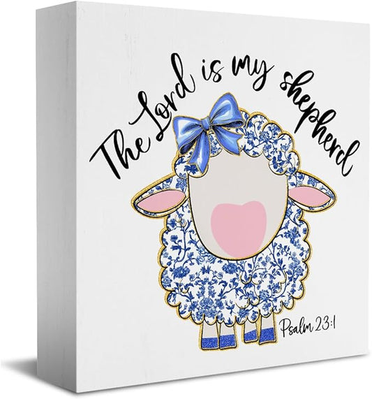 Easter Religious Decorations Christian Easter Decor The Lord Is My Shepherd Blue And White Decor Chinoiserie Wooden Box Sign for Home Office Bedroom Living Room Desk Shelves