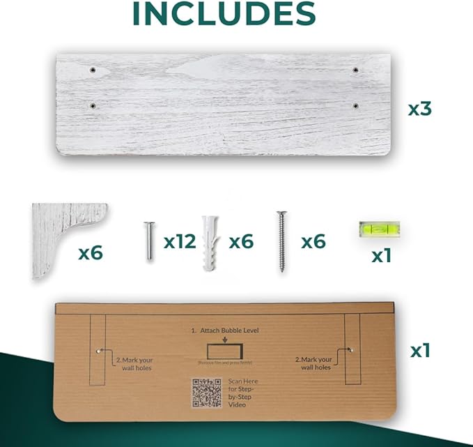 Willowy Real Wood Rustic White Farmhouse Wall Shelves - 17 inch (3 Pack) - Easy to Install, Template and Video Included - White Washed Floating Shelves, Antique Floating Shelves