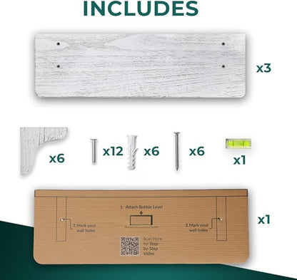 Willowy Real Wood Rustic White Farmhouse Wall Shelves - 17 inch (3 Pack) - Easy to Install, Template and Video Included - White Washed Floating Shelves, Antique Floating Shelves