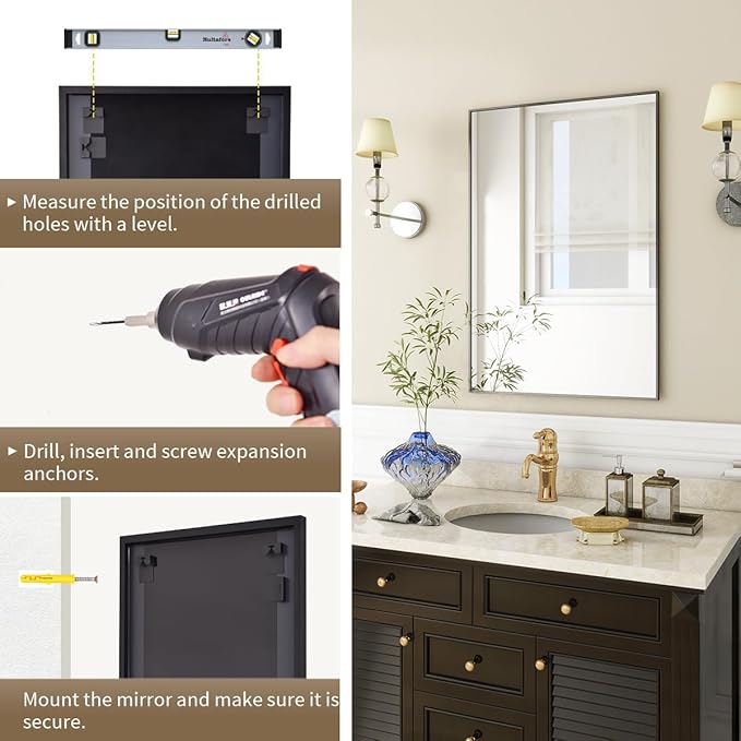 BEAUTYPEAK Wall Mirror Rectangular Bathroom Mirror with Metal Frame, Hangs Horizontal or Vertical for Living Room Bedroom Bathroom Entryway
