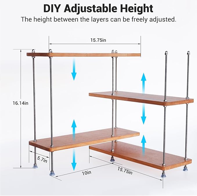 VINIUSIKI Adjustable 4 Tier L-Shaped Countertop Shelf Organizer, DIY Kitchen Corner Spice Rack for Countertop, Wood Coffee Counter Shelf Organizer for Home Office - 15.7