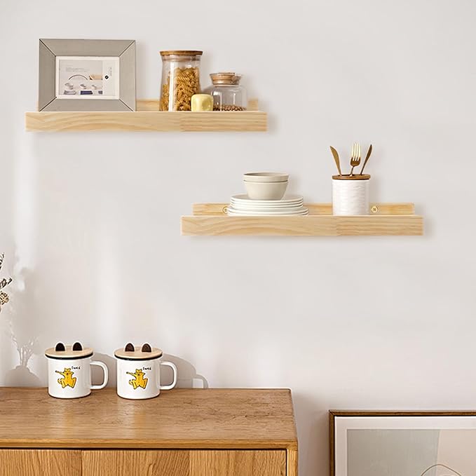 Jeffbaubl Floating Shelves Set of 2, 11.8inch Picture Ledge Shelf for Wall Decor Storage, Natural Wood Wall Shelves with Lip for Bedroom Living Room Kitchen Nursery Books Photo Frames, Natural