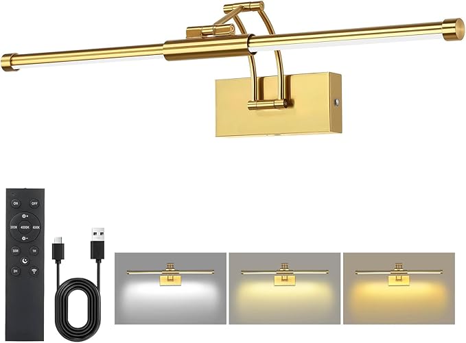 24“ Picture Lights for Wall, 8000mAh Rechargeable Wireless Picture Light with Remote, LED Wall Lights 3000K/4000K/6000K Dimmable, Art Lighting for Paintings Frame Gallery Dartboard, Brass