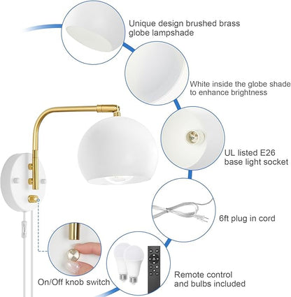 Wall Sconce with Remote Control, Plug in Wall Sconces Dimming 0-100% and Adjustable Color Temperature 2700K-6000K, Brushed Brass White Globe Swing Arm Wall Lights with Plug in Cord(2 Bulbs)