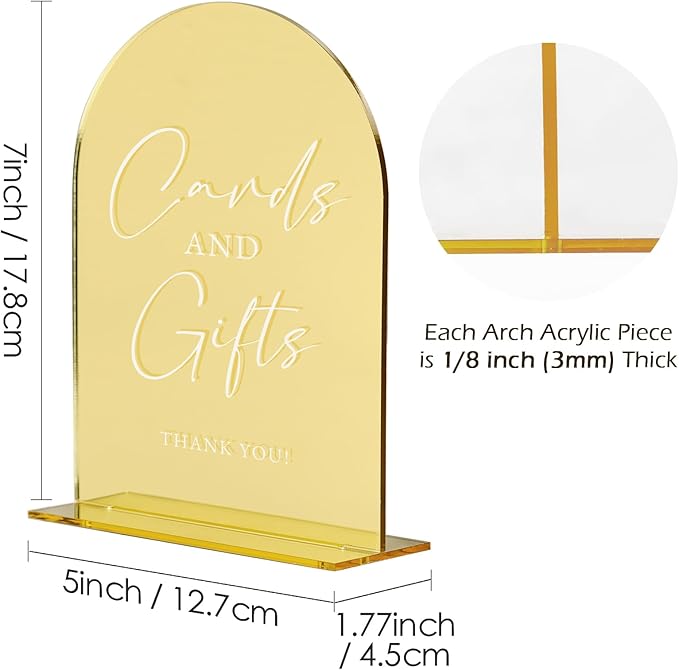 Set of 2 Gold Acrylic Wedding Signs, 5"x7" Gold Mirror Arch Acrylic Table Sign and Base, Modern Font TableTop Reception Sign for Wedding & Party Event (Golden, 5 x7 Inch)