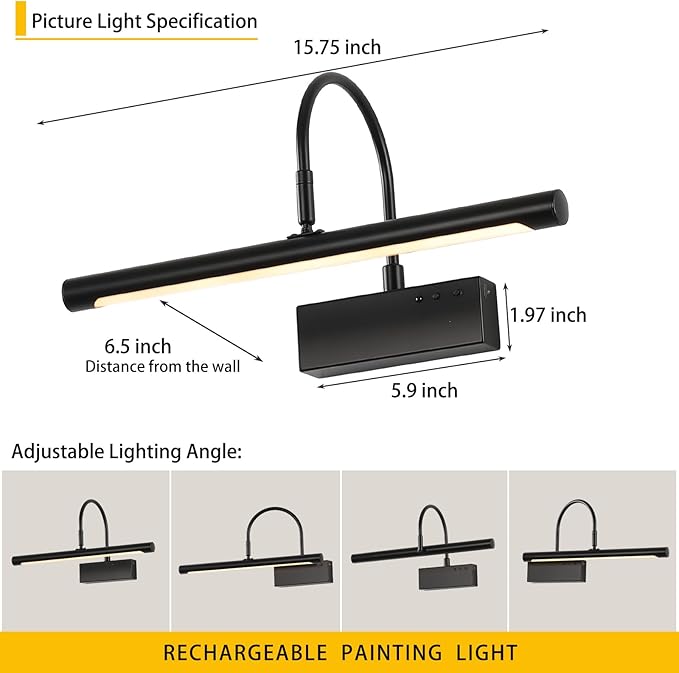 Picture Light, 5000mAh Battery Rechargeable Wall Sconce,16 inch Black Art Painting Light with Remote Dimmable, 3 Color temperatures & Timmer Art Lights for Paintings,Picture Frame,Gallery