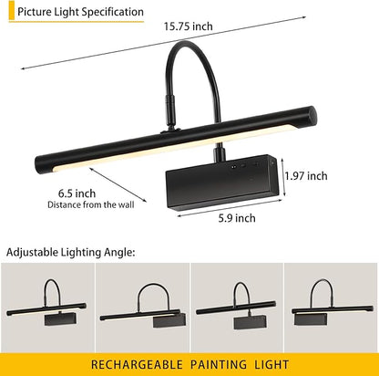 Picture Light, 5000mAh Battery Rechargeable Wall Sconce,16 inch Black Art Painting Light with Remote Dimmable, 3 Color temperatures & Timmer Art Lights for Paintings,Picture Frame,Gallery