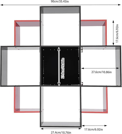 3-Tiers Wall Mounted Geometric Bookshelf, Morden Irregular Nine-Grid Bookshelf, 90cm Tall Decorative Display Shelf (Red+Black)