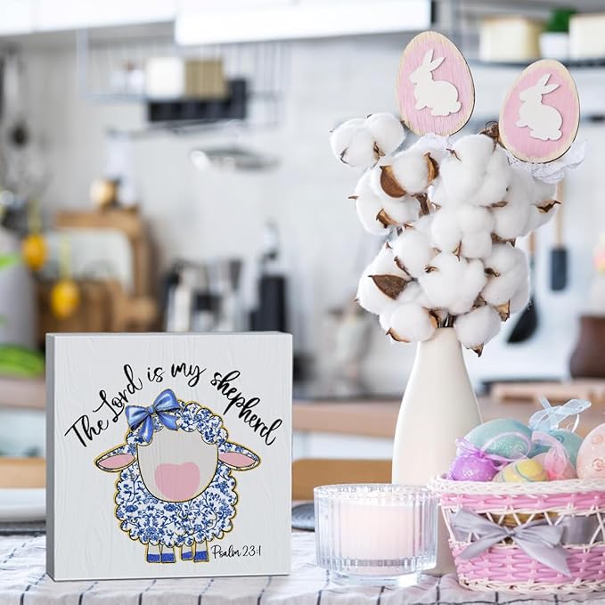Easter Religious Decorations Christian Easter Decor The Lord Is My Shepherd Blue And White Decor Chinoiserie Wooden Box Sign for Home Office Bedroom Living Room Desk Shelves