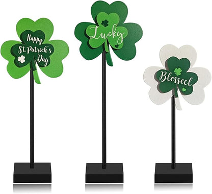 Happy St. Patrick's Day Blessed Lucky Irish Wood Sign Decor Farmhouse Home Office Coffee Bar Kitchen Table Decor 3 Pieces Green